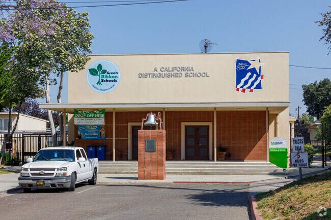 The original school bell from 1913 sits in front of Los Cerritos Elementary School.