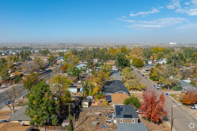 Elevated views of Broadview, in Greeley Colorado, and the surrounding landscape.