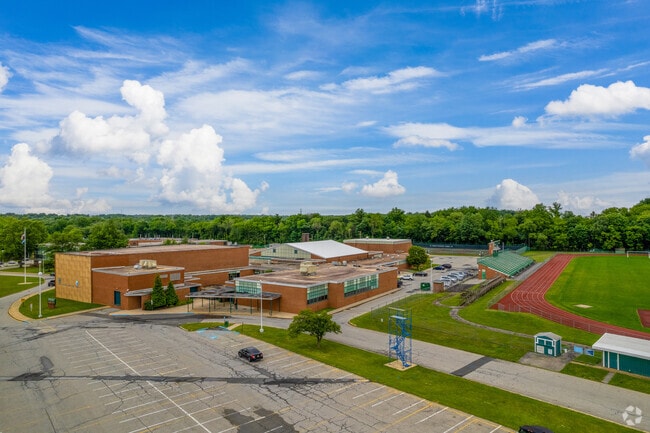 An aerial view over Mount Pleasant High School's campus.