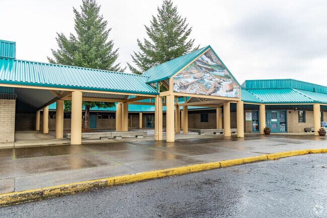 Covered walkways connect all of the classrooms and offices at Frontier Middle School.