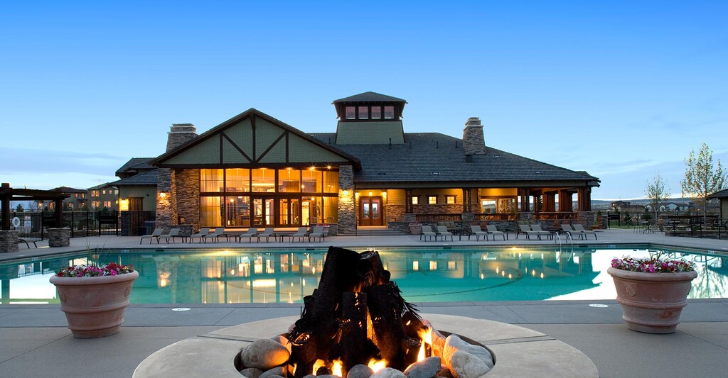 A view of the community center across the pool.