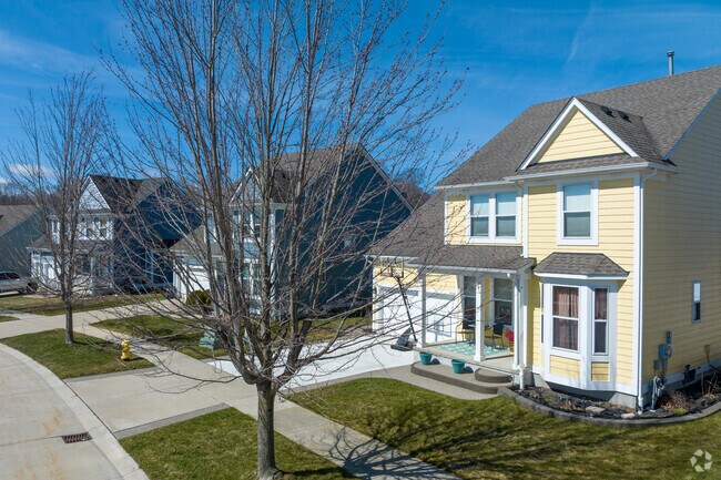 Colorful modern farmhouses line the street near New Haven Elementary in Lenox Township.