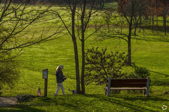 A woman walks her dog at a large park in Amherst, New York.