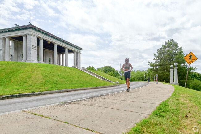 The columned pavilion in Cobbs Hill Park is a gathering place for musicians and performers.
