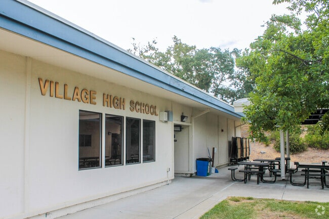 Village High School entrance as viewed from the exterior.