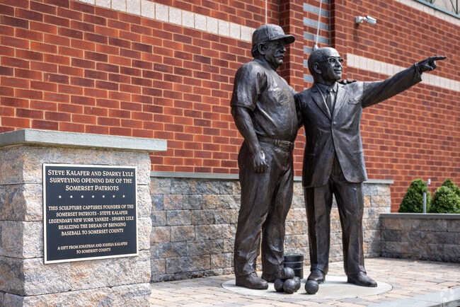 The founders of the Somerset Patriots baseball team, memorialized in bronze in Finderne, NJ.