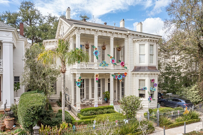 Many homes in the Garden District decorate for Mardi Gras.