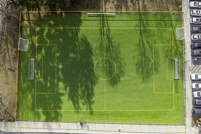 An aerial top-down view of the soccer field at South West Middle School in Quincy, MA.