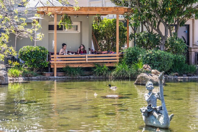 The outdoor patio overlooking the lake at Blackhawk Plaza is a great place for a quiet bite.