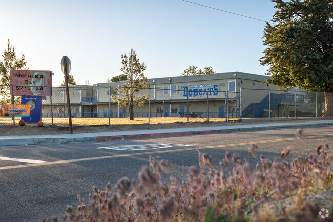 A view of the Hamilton Elementary School is seen from the street.