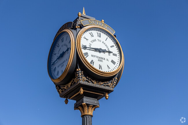 The town clock stands in the central business district of Nutley, NJ.