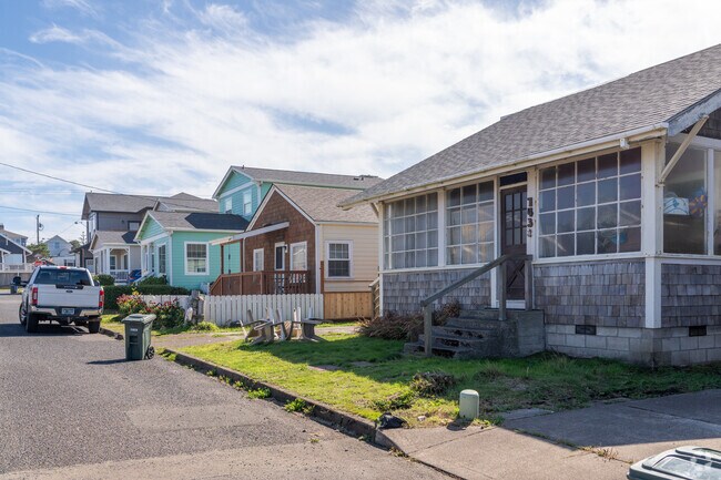 Colorful rows of home sprinkle the streets of the downtown Nye Beach neighborhood .