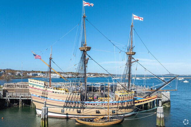 A full size replica of the Mayflower is docked in downtown Plymouth.