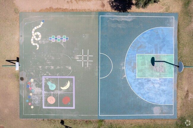 A colorful basketball court at La Madera Park in the La Madera neighborhood.