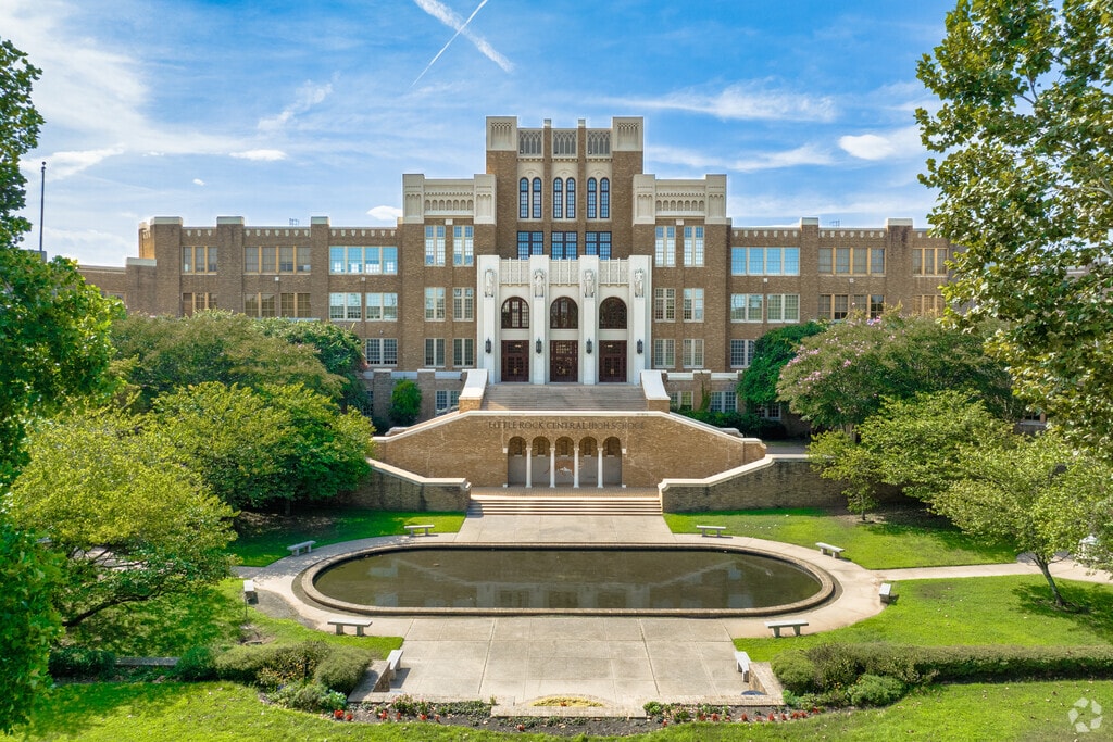 Front facade of Central High School in Little Rock, AR.