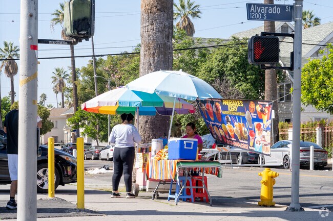 Street vendors sell snacks in Pico-Union, Los Angeles, California.
