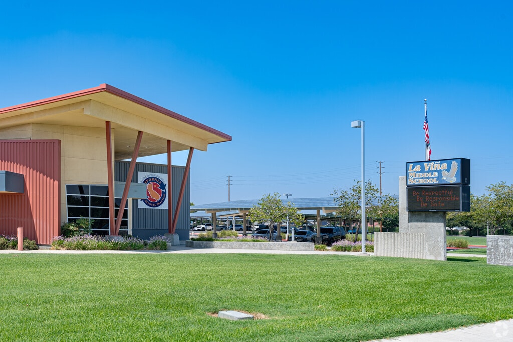 A marquee greets students to the entrance to La Vina Middle School in Delano.