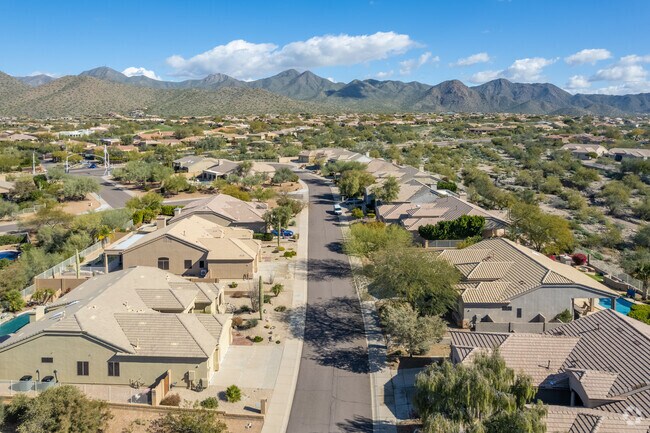 An overview of the neighborhood with mountain views.