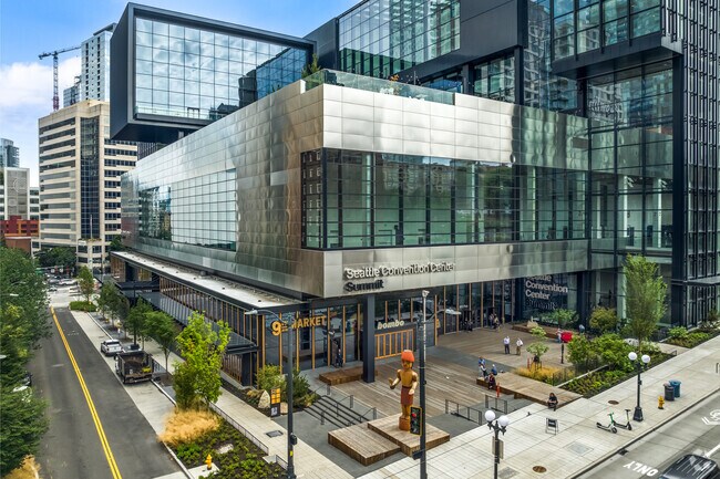 Downtown Seattle’s new Convention Center stands steps from the historic Paramount Theatre.