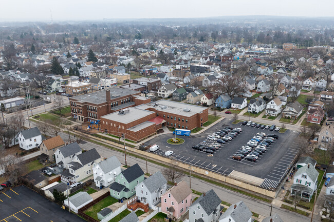 Aerial view of Constellation Schools: Old Brooklyn Community Middle School and it's amenities.