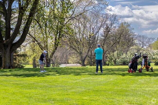 Golfers line up their shots under blooming trees at Brae Loch Golf Club in Gages Lake.