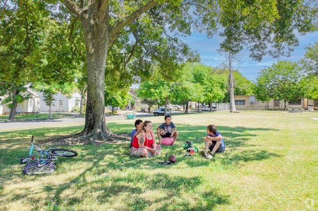 There are families relaxing on the lawn at Friedberger Park in August.