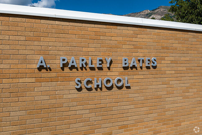 Lettering on the side of a brick building at Bates Elementary School.
