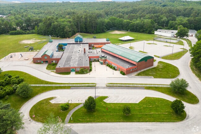 Aerial view of the front of Stevens Brook Elementary School in Bridgton.