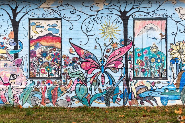 This is a mural celebrating art on a building in Speed Park in Sellersburg.