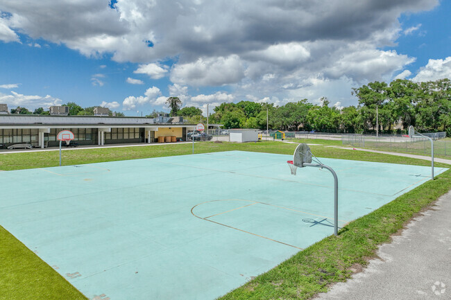 James Elementary School has basketball courts for kids to play on.