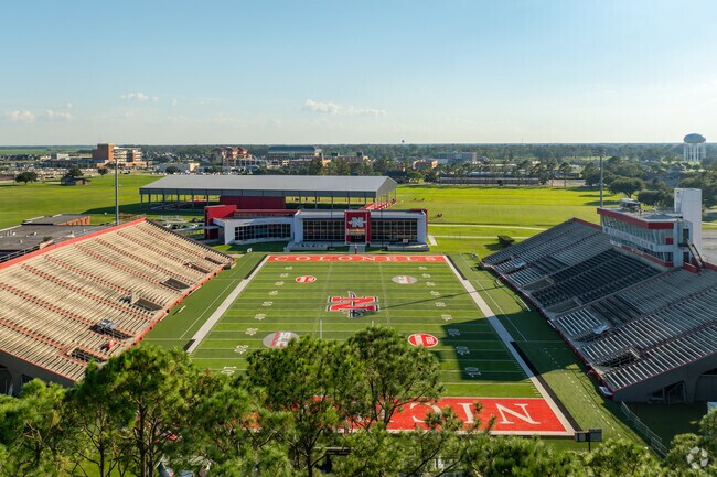 During the golden hour, the view of Nicholls State University's football stadium.