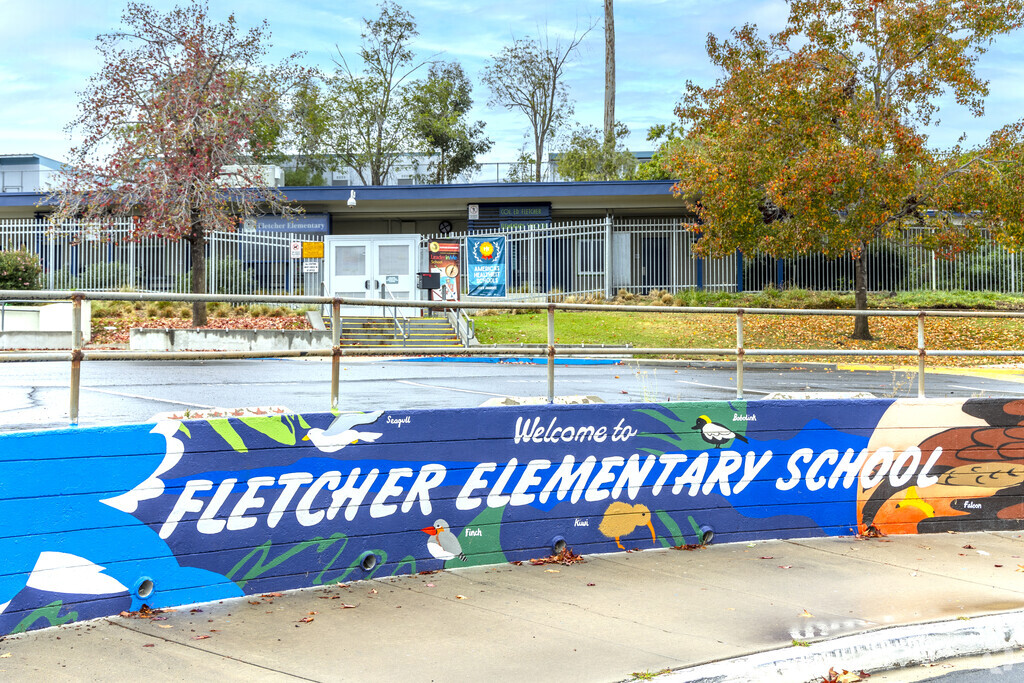 The Fletcher Elementary School sign welcomes students, staff, and parents in San Diego, CA.