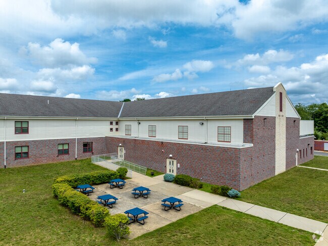 A seating area outside of Memorial Elementary School in Freehold Township NJ.