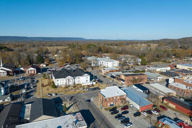 An aerial shot of the town square in Ashville.