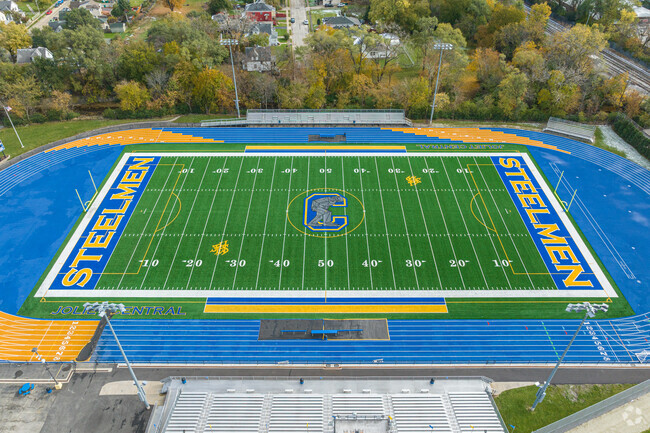 Joliet Central H.S. Football Stadium has been renovated with new turf, track & bleachers.