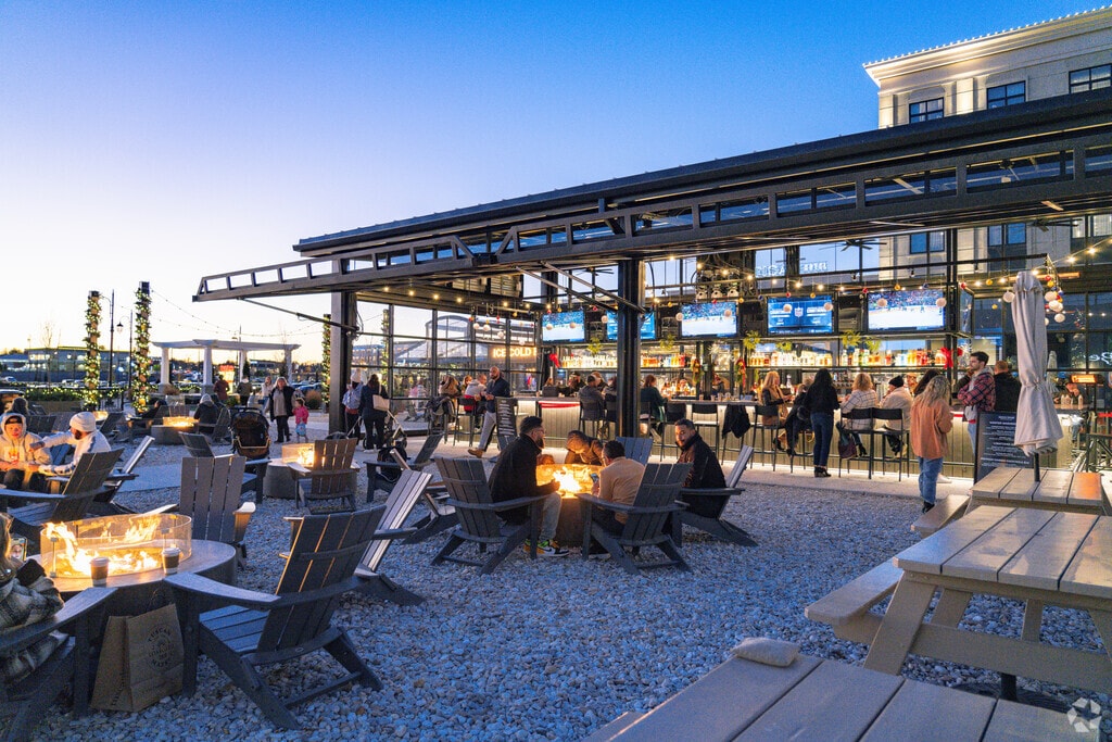 The outdoor spaces are deck with holiday spirit at Holiday Shoppes at Tuscan Village.