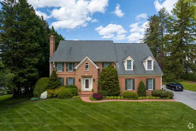Colonial homes line several winding tree lined roads in Ruxton.