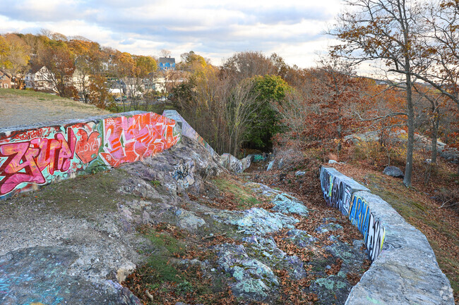 Rock path leads from Birch Pond to Frey Playground in Upper Walnut Street.