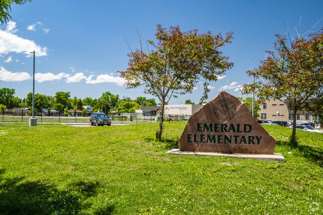 The sculpted sign at Emerald Elementary School in Broomfield, Colorado.