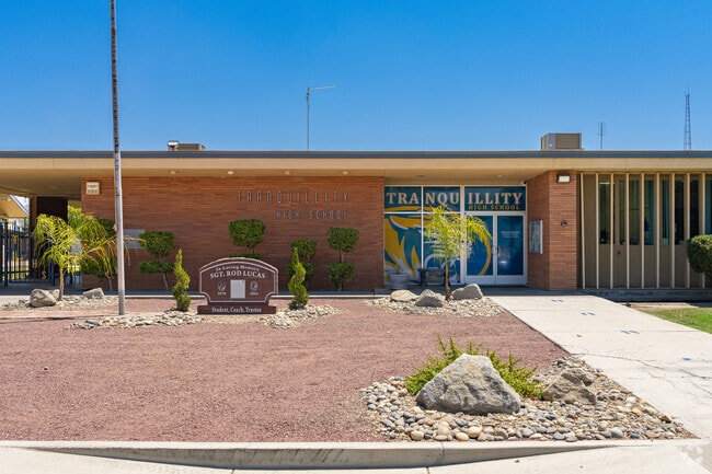 The Tranquillity High School mascot is featured on the windows of the office.