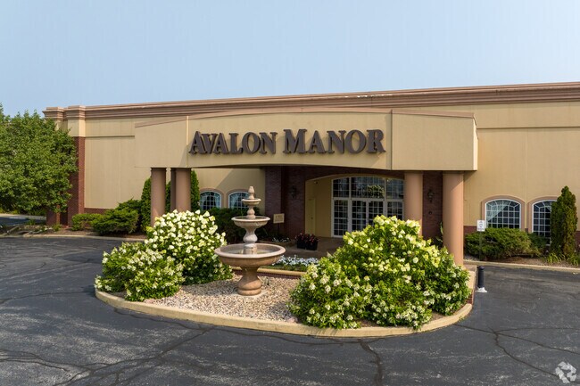 Avalon Manor Banquet Center entrance fountain and flowers, Merrillville, Indiana.