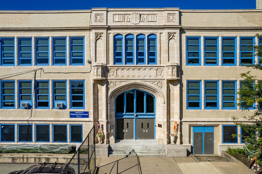 The Beechwood Elementary School main entrance warmly welcomes its students.