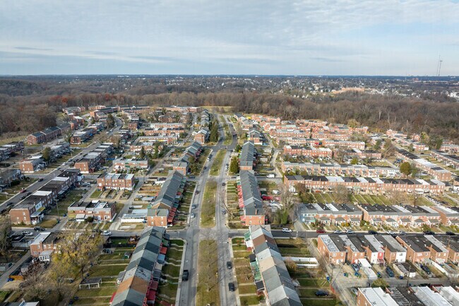 Row houses line the residential streets of Edmondson Village.