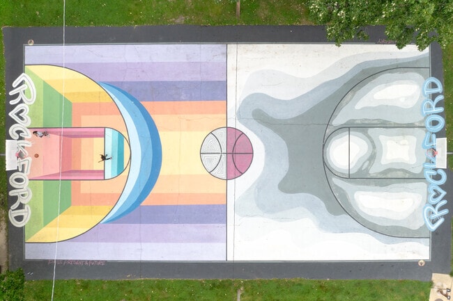 Blackhawk Park includes a beautiful mural painted on a basketball court.