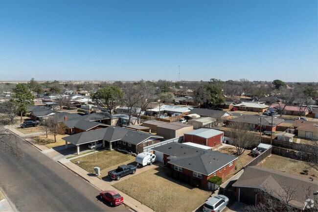 An aerial view of Andrews showcases its charming homes and wide-open spaces.