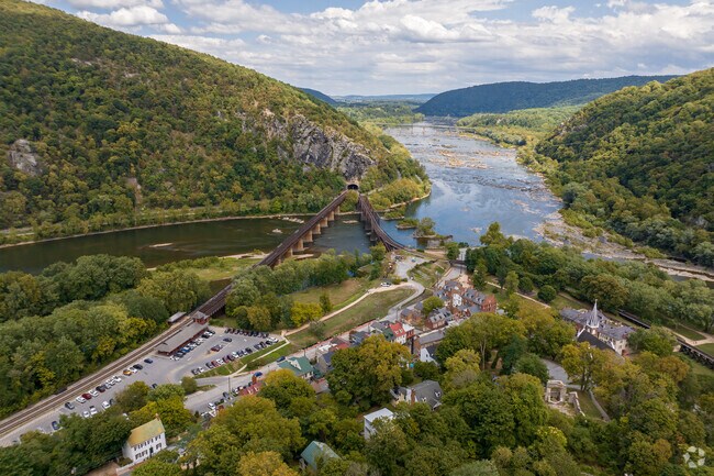 The Potomac and Shenandoah Rivers converge at Harpers Ferry, West Virginia.