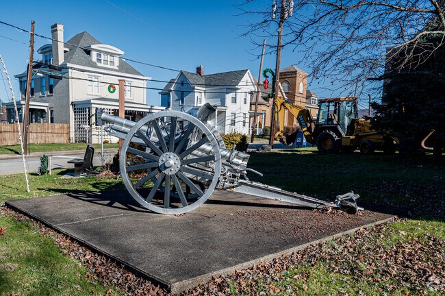 An old cannon stands guard in the middle of Georges Township Fayette.