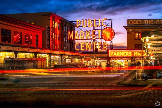 The iconic Public Market Center sign is the heart of Pike Place Market in Seattle.