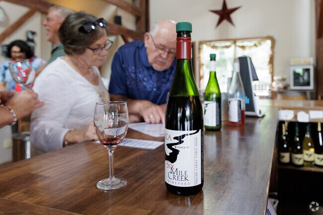 People sample the wares at Six Mile Creek Vineyard in East Ithaca.