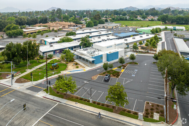 An aerial view of Madison Elementary School and its vibrant campus in Magnolia Center.